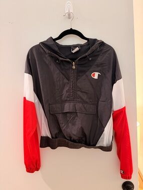 Champion Black Hooded Mesh Windbreaker Retro